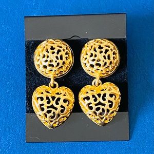 Vintage Gold Tone Statement Heart Dangle Earrings